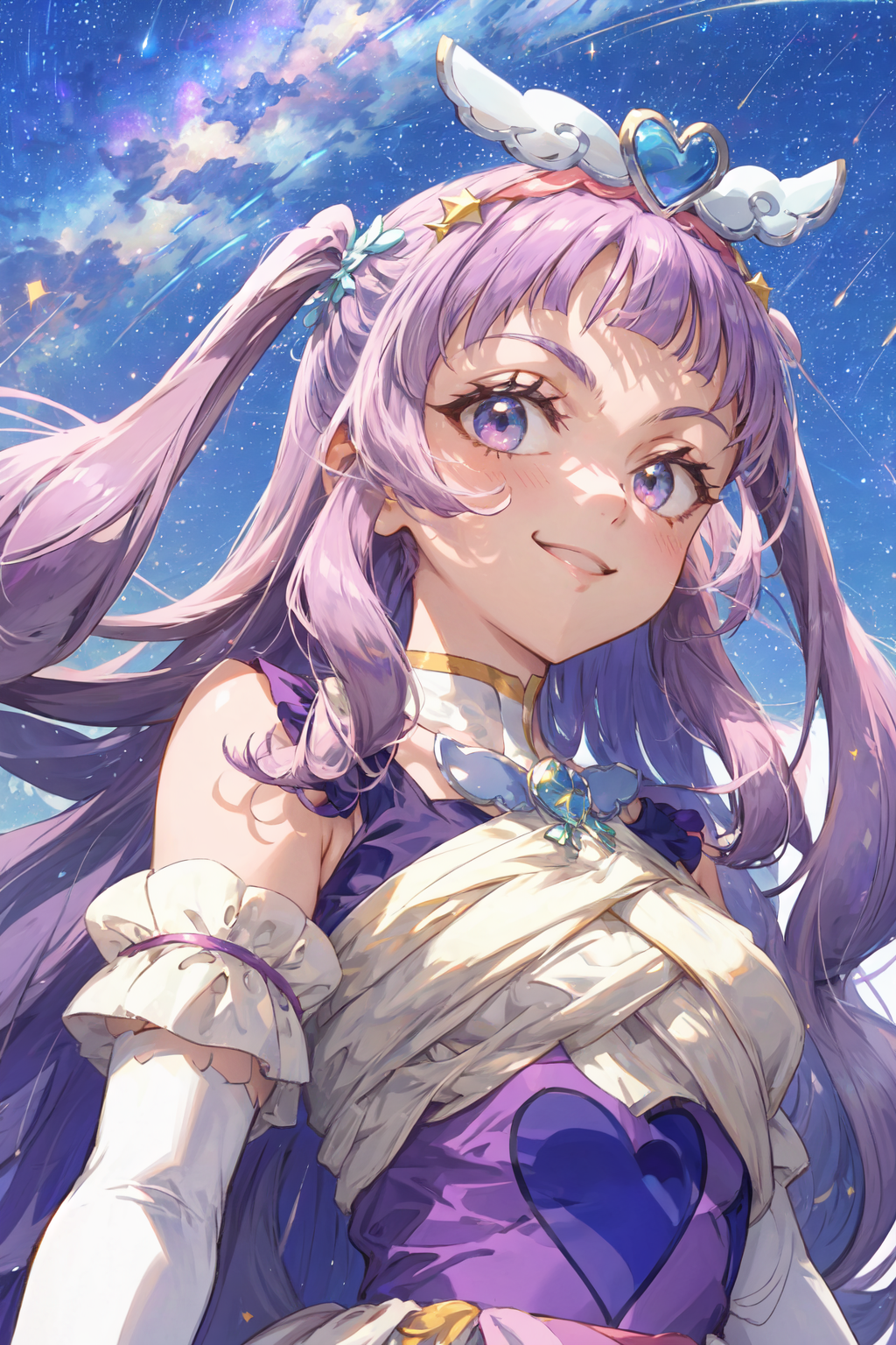 00862-552277546-masterpiece,best quality,1girl,cure majesty,purple hair,two side up,hair ornament,tiara,elbow gloves,smile,spread arms,starry sk.png